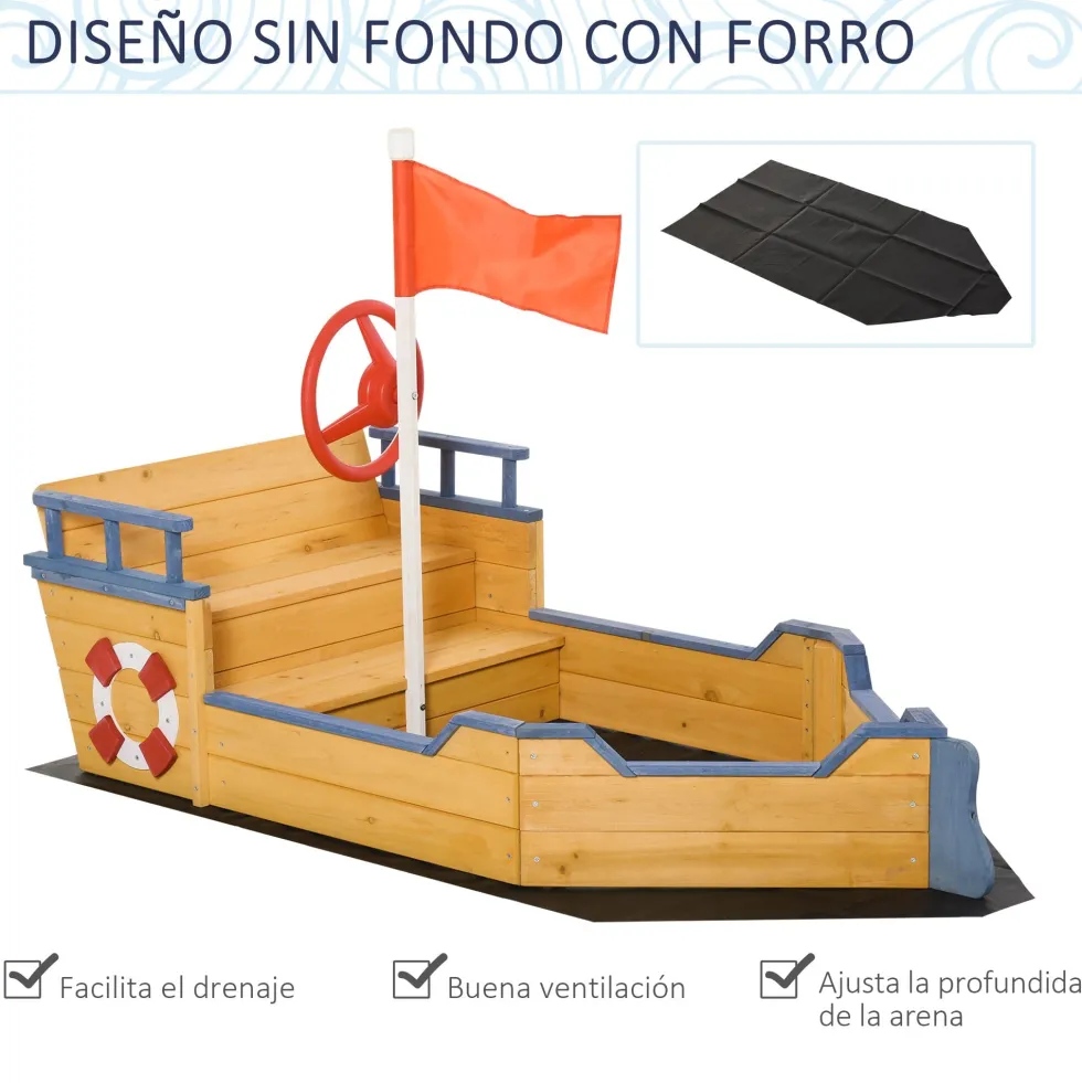 Outsunny träsandlåda för barn, Galleon-design, med 2 steg, bänk med förvaring, flagga och hjul, trädgårdssandlåda för barn 3+ år, 158x78x45,5 cm, naturfärgad