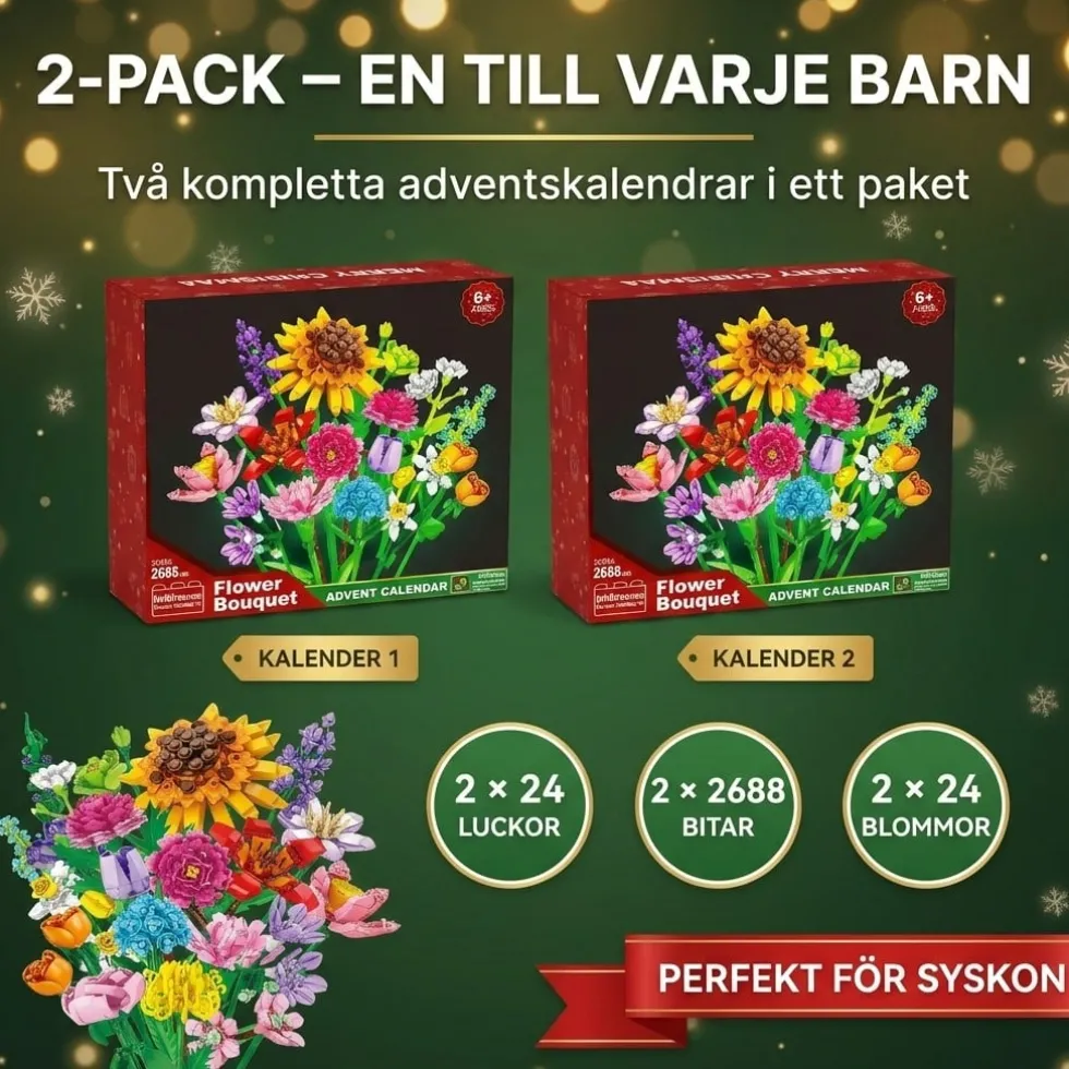2-pack Adventskalender 2026 – 2 byggklossbuketter, 24 blommor i varje
