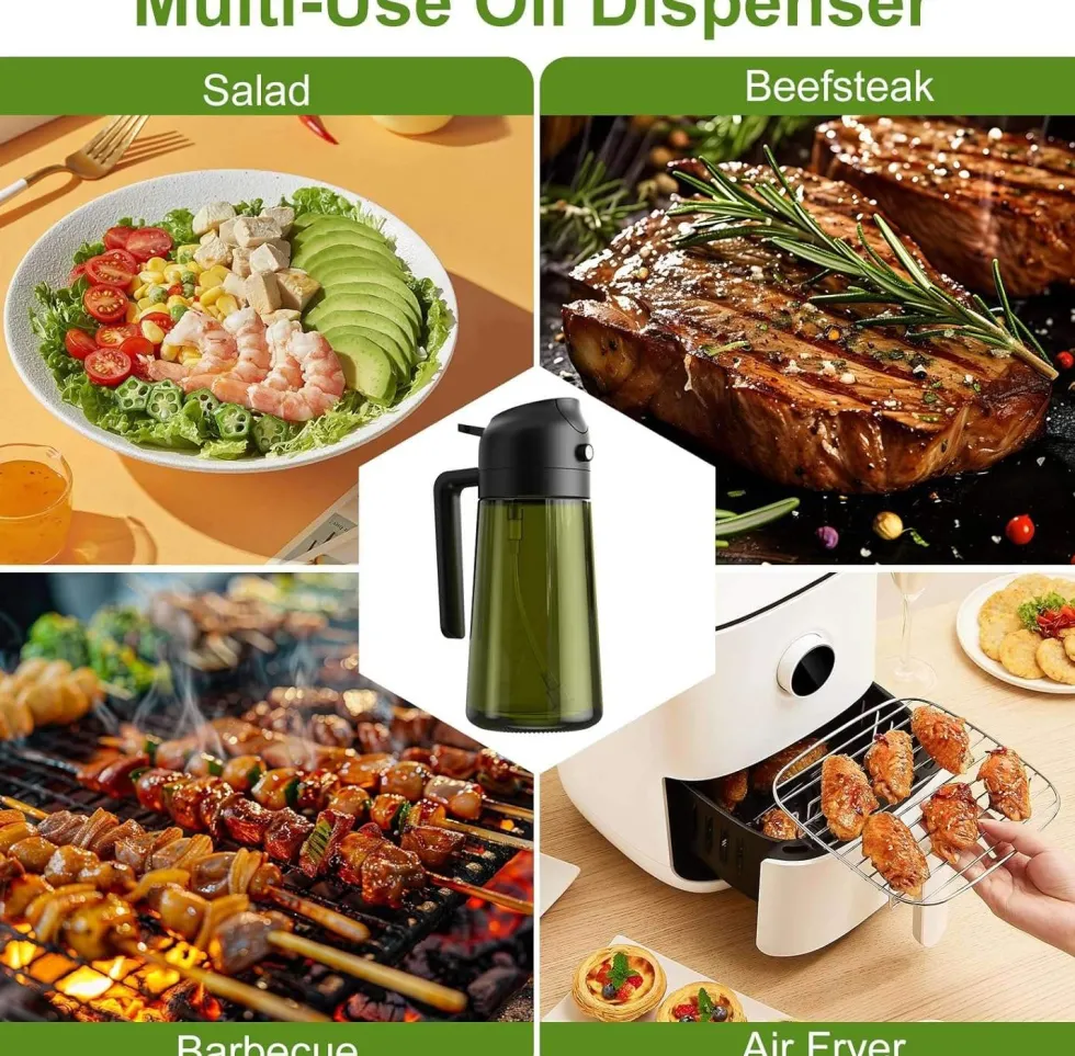 2-PACK 2-i-1 Oljespray & Dispenser – Mörk Glasflaska för Matlagning & Grillning