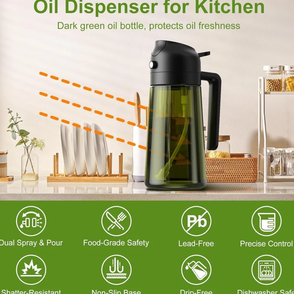 2-PACK 2-i-1 Oljespray & Dispenser – Mörk Glasflaska för Matlagning & Grillning