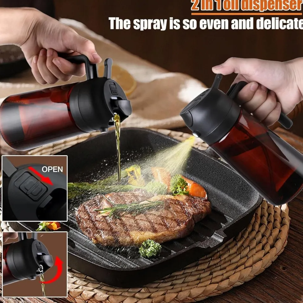 2-PACK 2-i-1 Oljespray & Dispenser – Mörk Glasflaska för Matlagning & Grillning