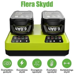 4-pack 18V 6000mAh Batteri + Dubbelladdare - Kompatibelt med RYOBI ONE+ - Li-Ion P102–P109