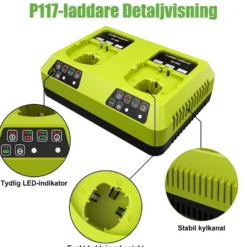 4-pack 18V 6000mAh Batteri + Dubbelladdare - Kompatibelt med RYOBI ONE+ - Li-Ion P102–P109