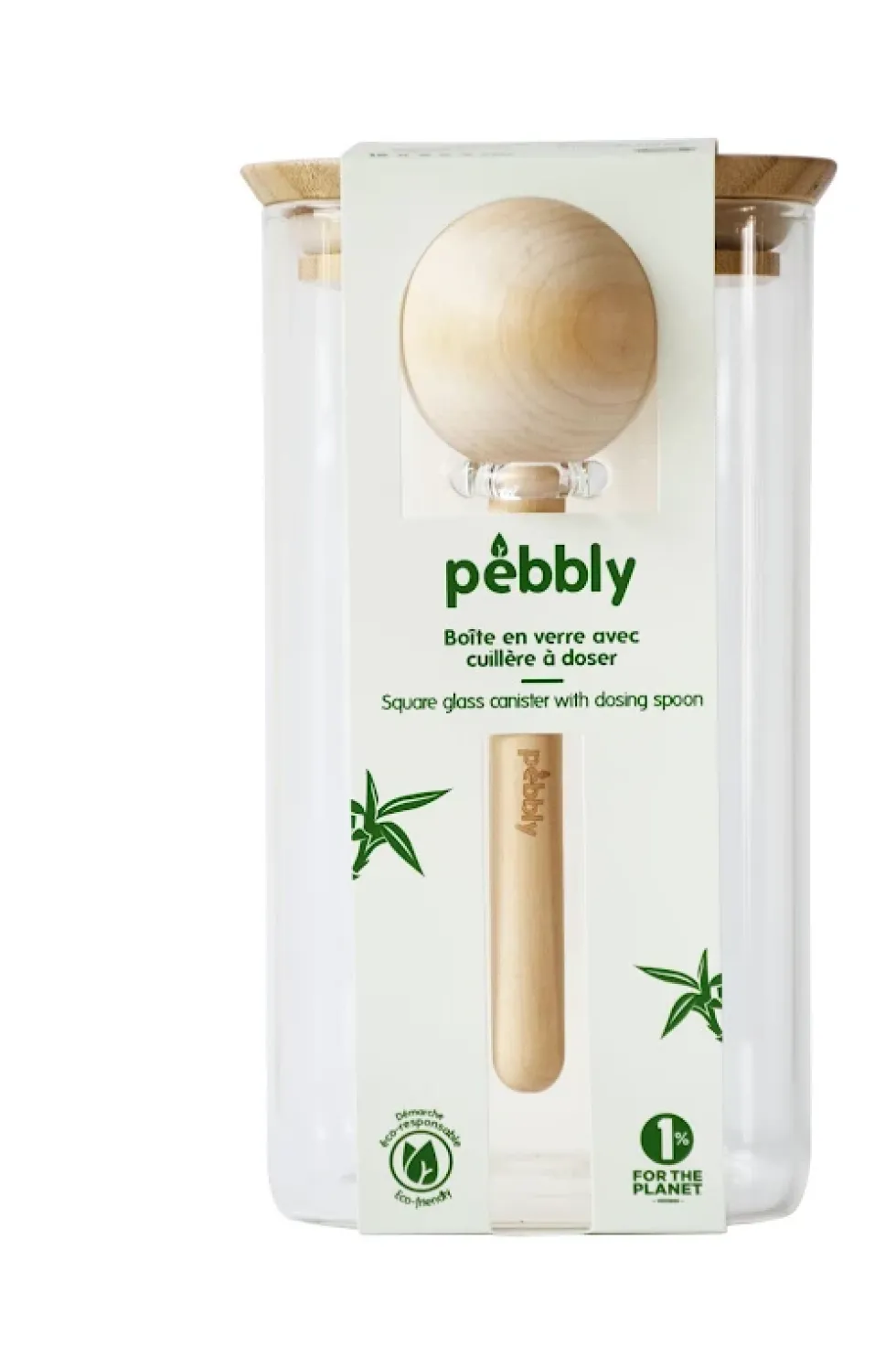 Pebbly - glasburk med bambulock och måttsked