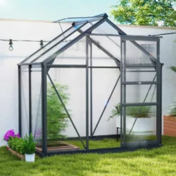 Polykarbonatväxthus 190x132x201 cm UV30+ förstärkt botten regnränna grå