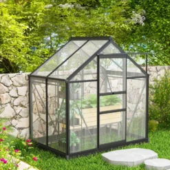 Polykarbonatväxthus 190x132x201 cm UV30+ förstärkt botten regnränna grå