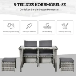 Polyrattan trädgårdsmöbelgrupp för 4 personer med kuddar, grå