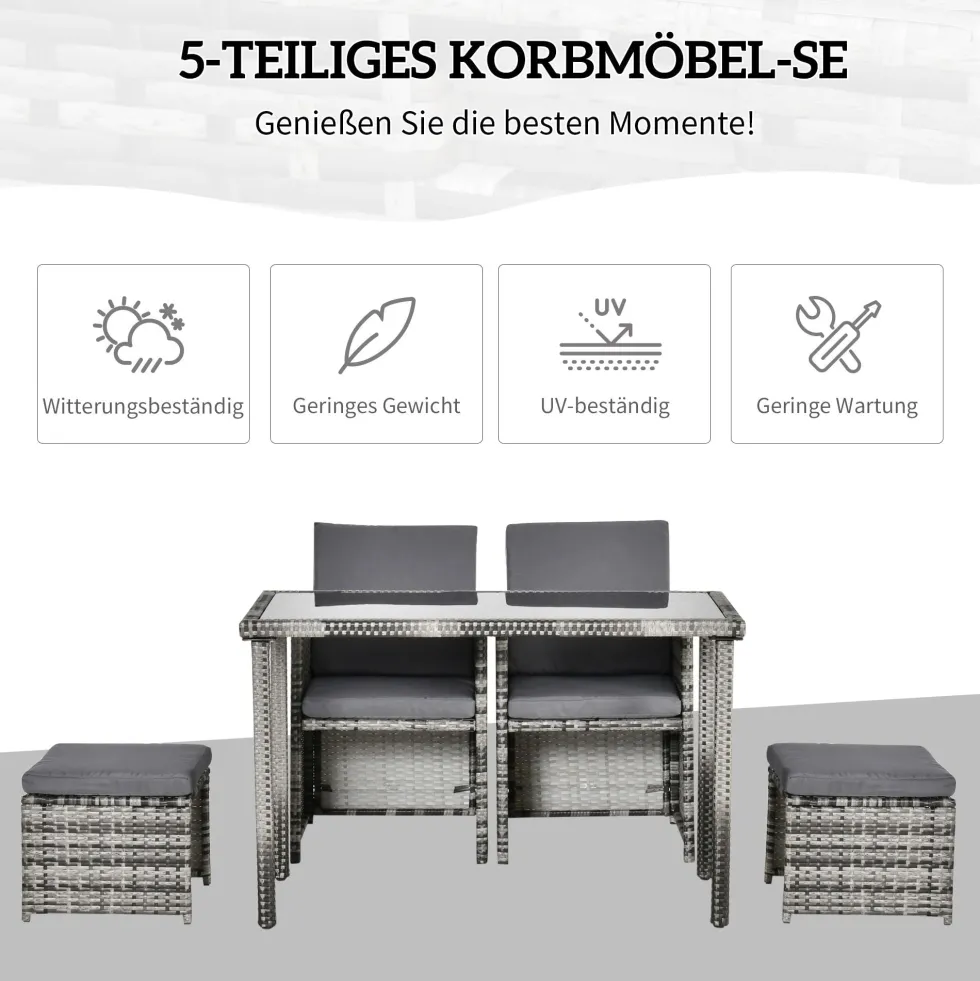 Polyrattan trädgårdsmöbelgrupp för 4 personer med kuddar, grå