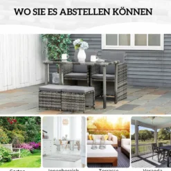 Polyrattan trädgårdsmöbelgrupp för 4 personer med kuddar, grå