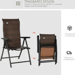 Polyrotting trädgårdsstol, fällstol, 7-vägs justerbar, väderbeständig, balkong-, campingstol, 120 kg viktkapacitet, brun/svart, 58x71x111 cm