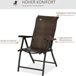 Polyrotting trädgårdsstol, fällstol, 7-vägs justerbar, väderbeständig, balkong-, campingstol, 120 kg viktkapacitet, brun/svart, 58x71x111 cm
