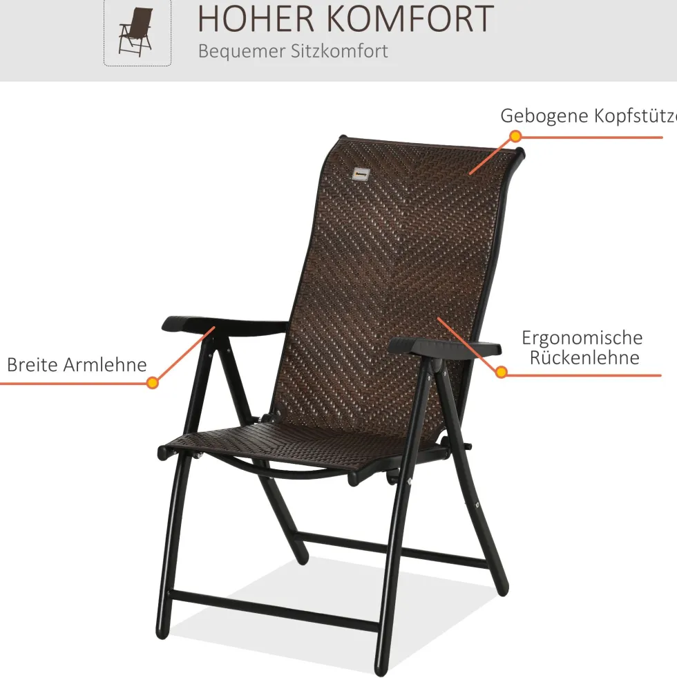 Polyrotting trädgårdsstol, fällstol, 7-vägs justerbar, väderbeständig, balkong-, campingstol, 120 kg viktkapacitet, brun/svart, 58x71x111 cm