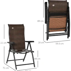 Polyrotting trädgårdsstol, fällstol, 7-vägs justerbar, väderbeständig, balkong-, campingstol, 120 kg viktkapacitet, brun/svart, 58x71x111 cm