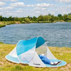 Pop-up strandtält 2 personer 190x120x90 cm turkos/vit med myggnät
