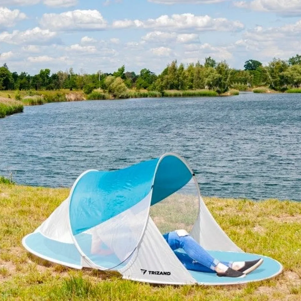 Pop-up strandtält 2 personer 190x120x90 cm turkos/vit med myggnät