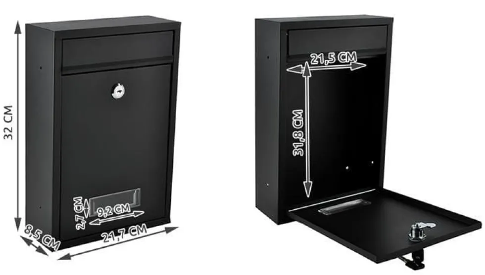 Postlåda svart galvaniserat stål med lock och 2 nycklar 32 cm