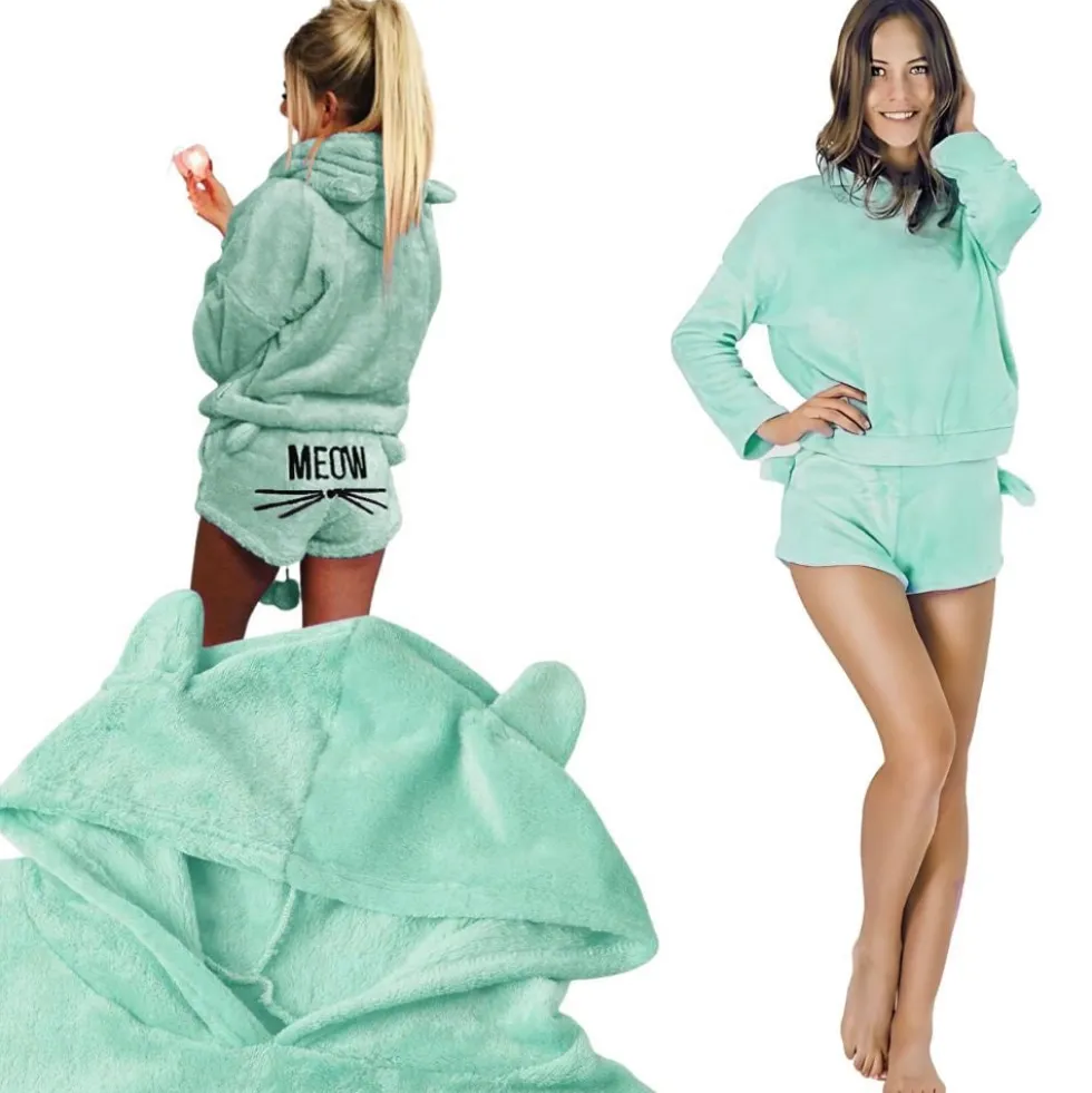 Pyjamasset dam 2-delat bomull blå långärmad tröja + shorts stl L
