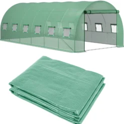 Reservskydd för tunnelväxthus 18 m², 6x3x2 m PE UV-skyddad, vattentät, 12 fönster och rullport grön