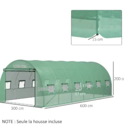 Reservskydd för tunnelväxthus 18 m², 6x3x2 m PE UV-skyddad, vattentät, 12 fönster och rullport grön