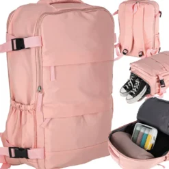 Reseryggsäck rosa 45x30 cm 3 fack med utvidgbart bottenfack
