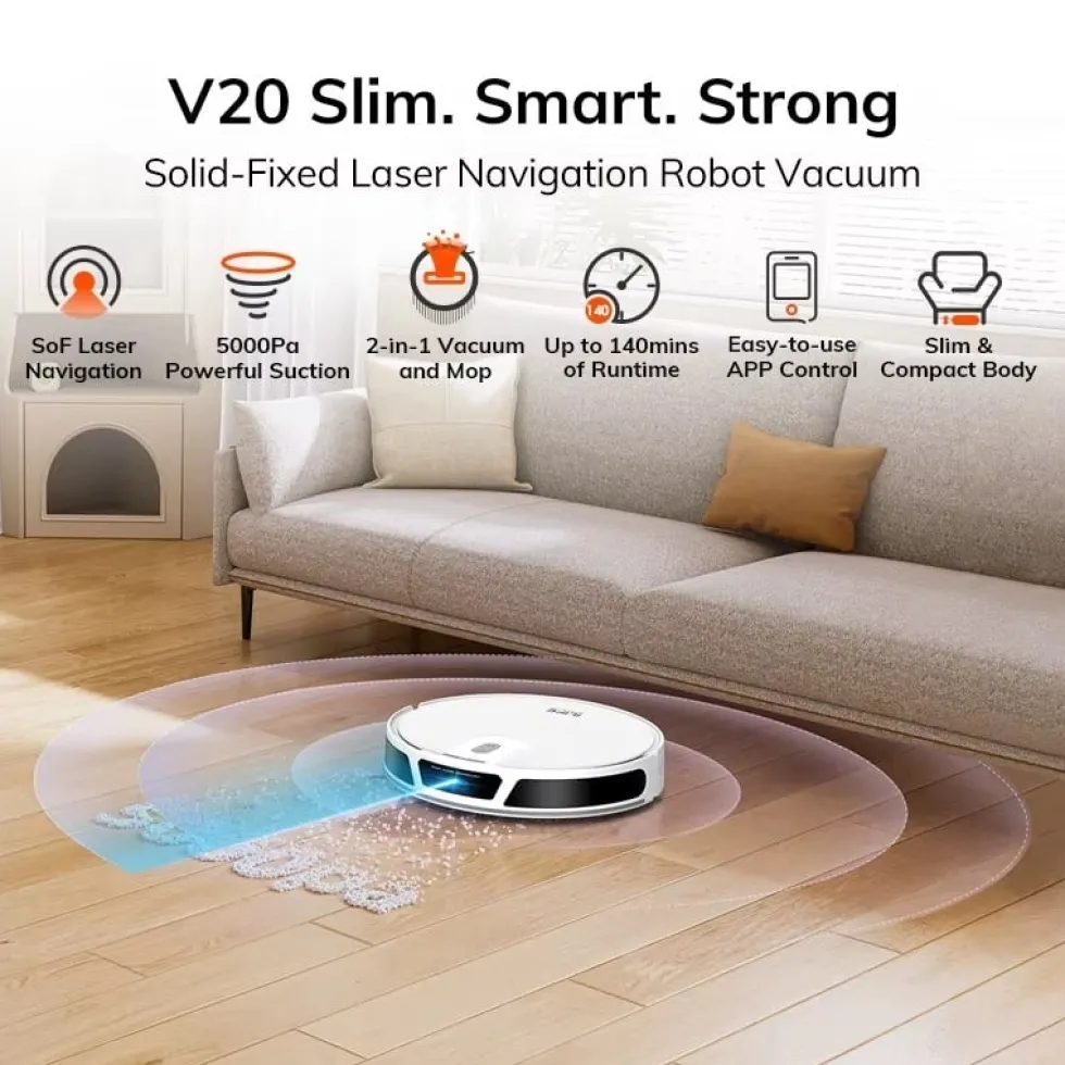 Robotdammsugare V20 med LiDAR-navigering 5000 Pa - Appstyrning och zonstädning - Automatisk mattboost - Självladdande, endast 83 mm hög