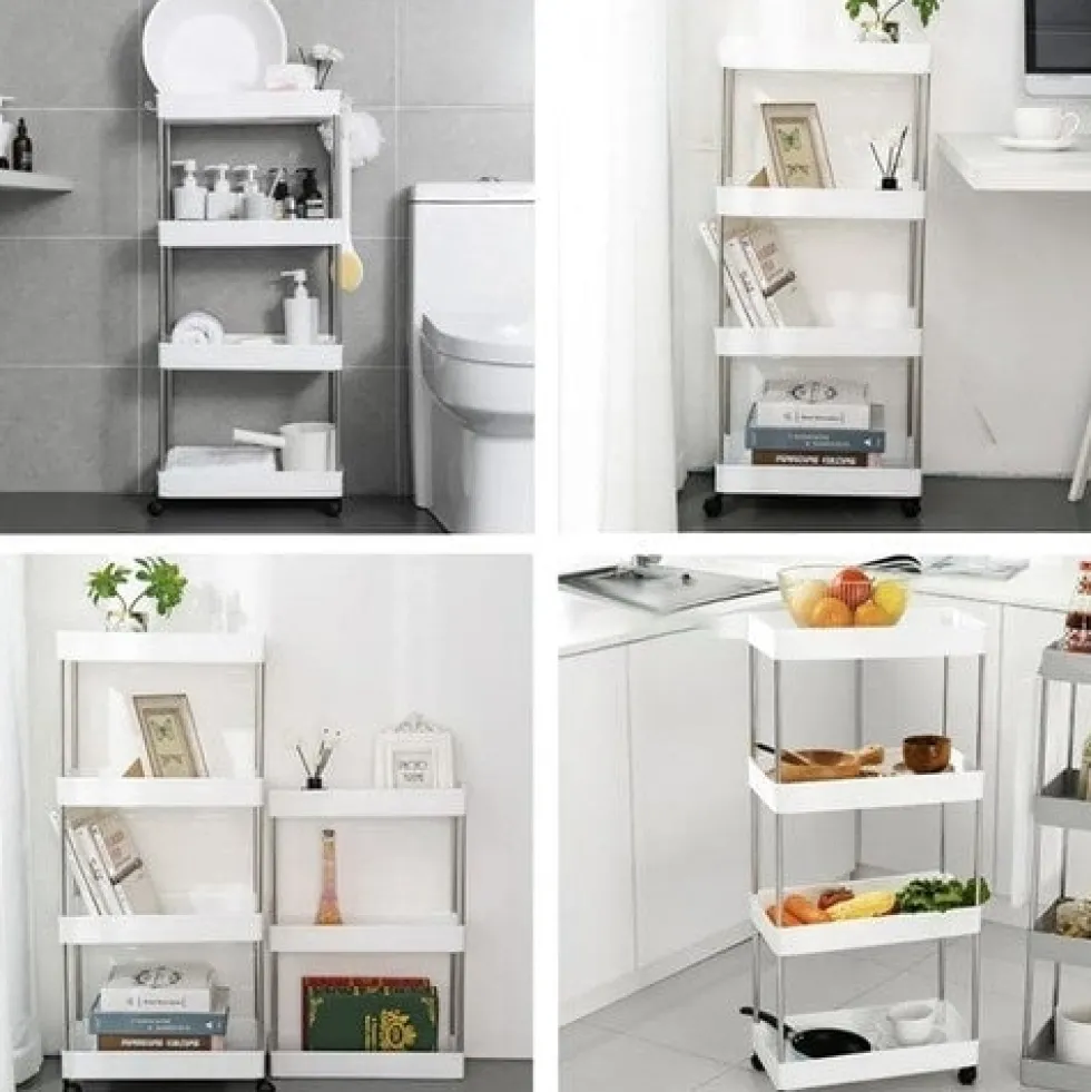 Rullhylla på hjul 4 nivåer vit PP/rostfritt stål 91,5x37x12 cm