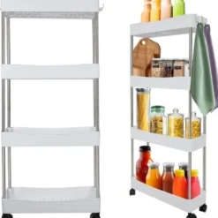 Rullhylla på hjul 4 nivåer vit PP/rostfritt stål 91,5x37x12 cm