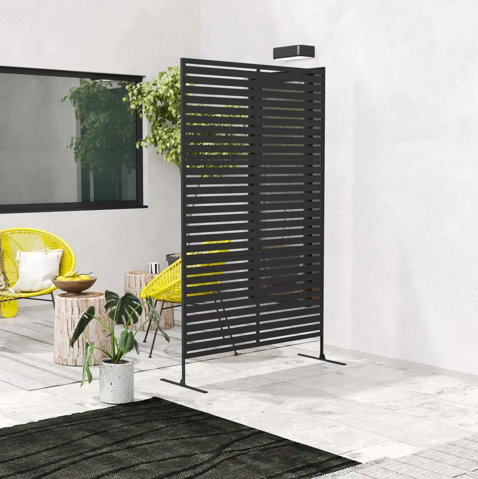 Rumsavdelare i metall för utomhusbruk, lamelldesign, svart, för uteplats, trädgård, balkong