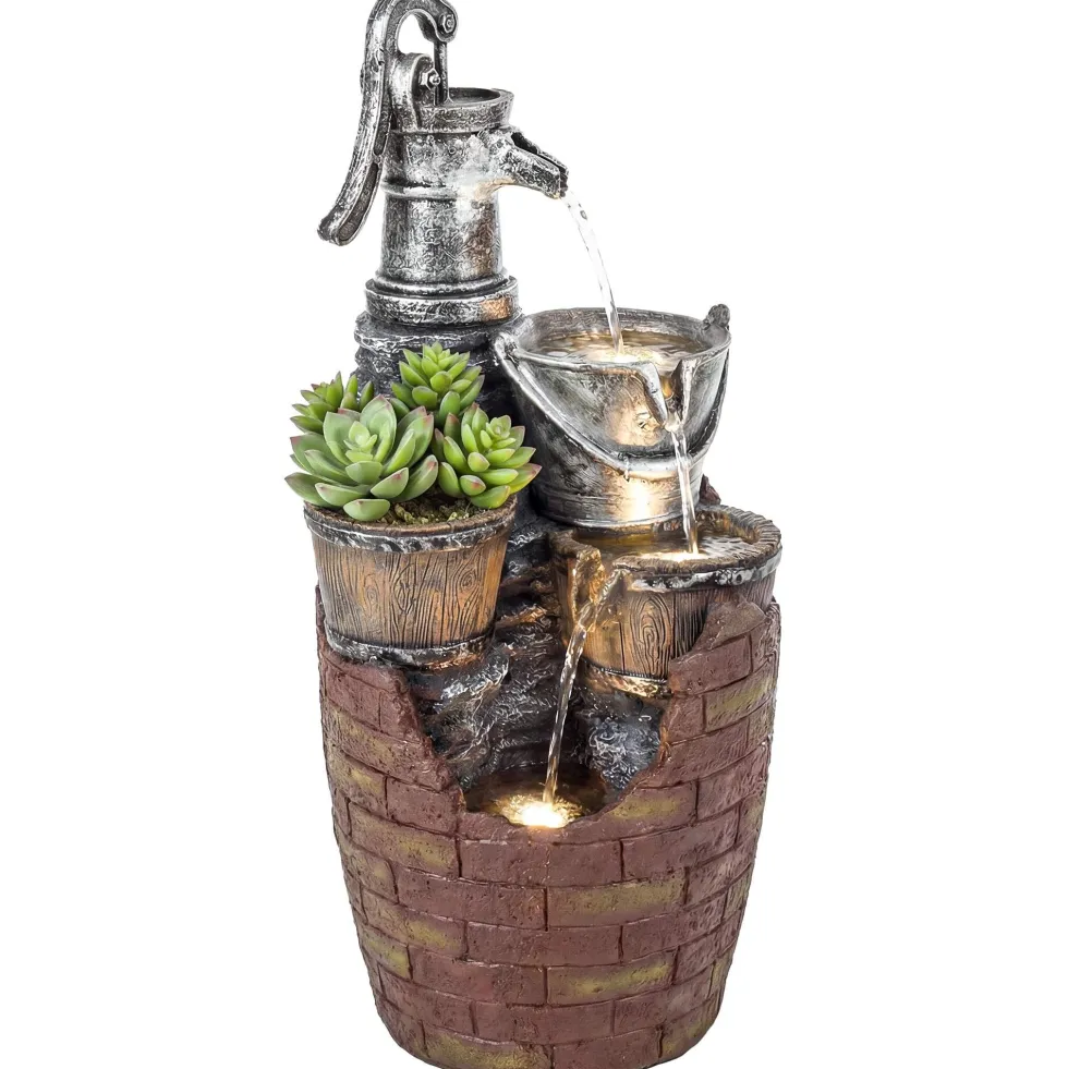 Rustik trädgårdsfontän med 4 nivåer och LED-belysning, kruka, pump, justerbar, 34 x 31 x 76 cm