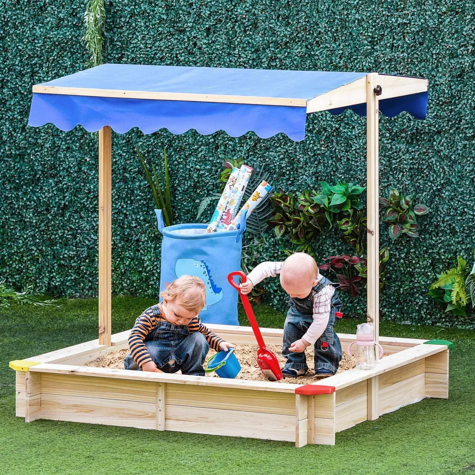 Sandlåda i trä för barn, fyrkantig, 1,2x1,2x1,2m, med justerbart lock och tak av furu
