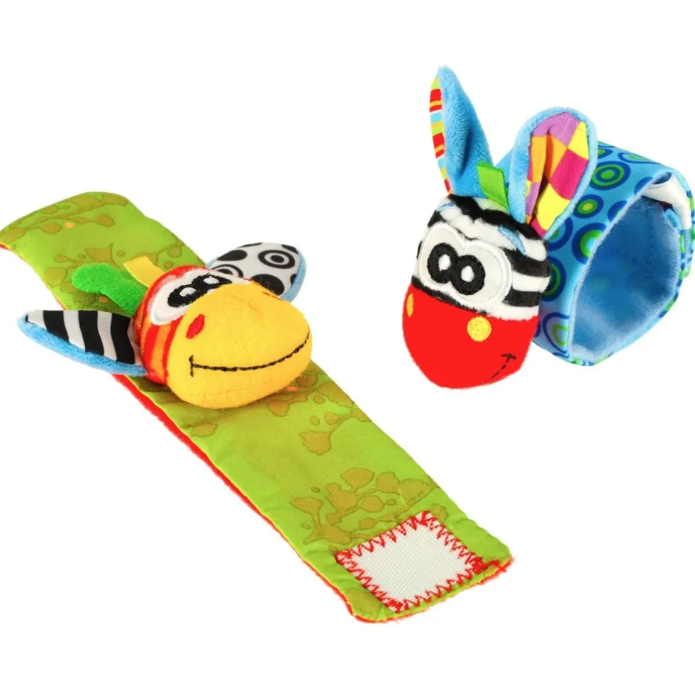 Sensoriska armband med skallra och prassel 2-pack blå/grön 15 cm