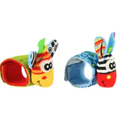 Sensoriska armband med skallra och prassel 2-pack blå/grön 15 cm