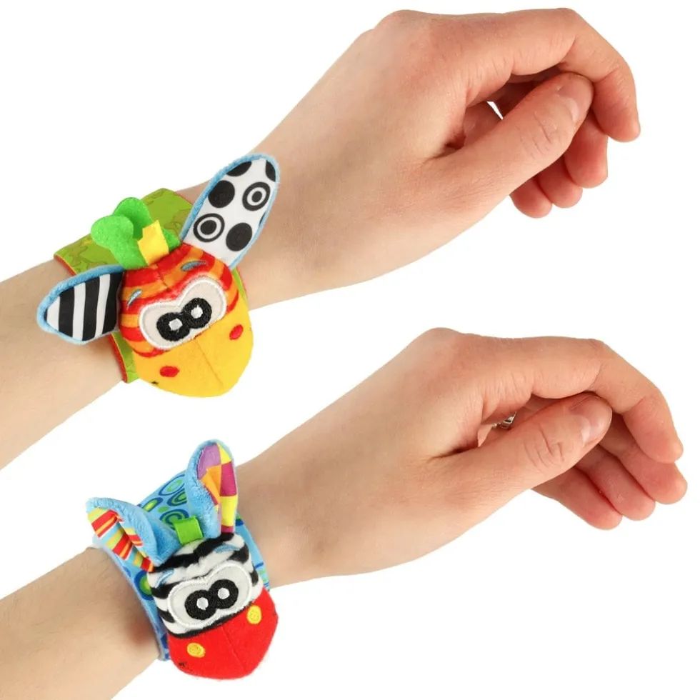 Sensoriska armband med skallra och prassel 2-pack blå/grön 15 cm