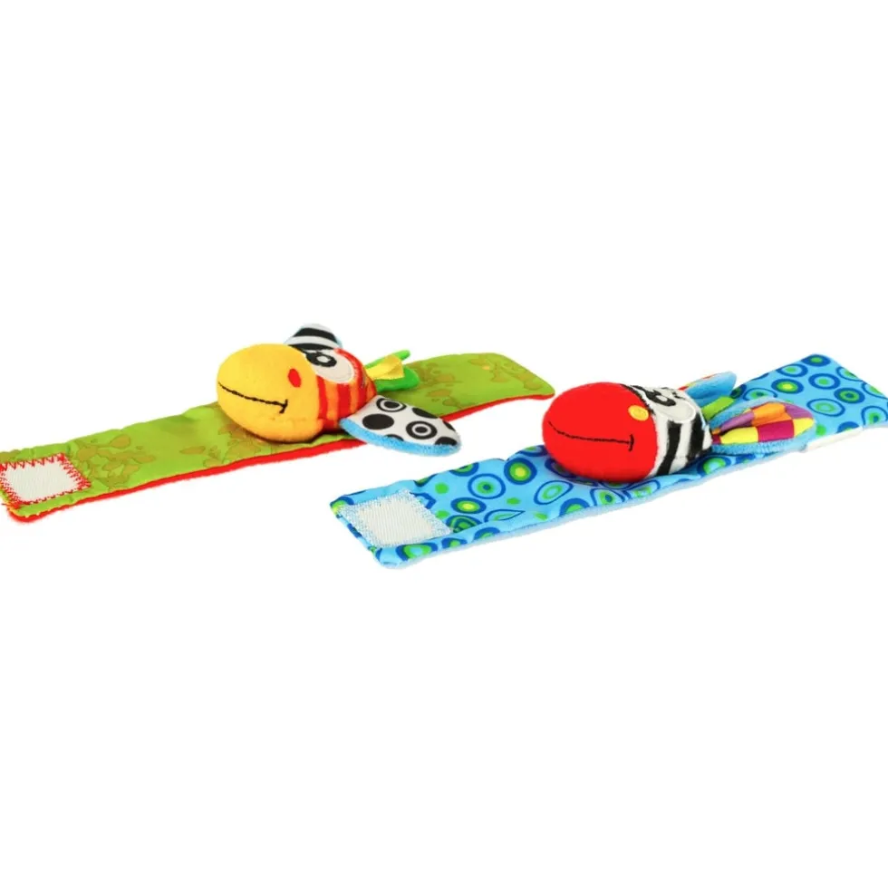 Sensoriska armband med skallra och prassel 2-pack blå/grön 15 cm