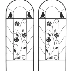 Set med 2 metallspaljer, med fågel- och klöverdekoration, för trädgård och uteplats, svart, 38 x 98 cm