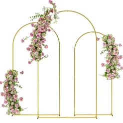 Set med 3 rosenträdgårdsbågar i metall, 220/200/180 cm, pulverlackerade, för uteplats, guld