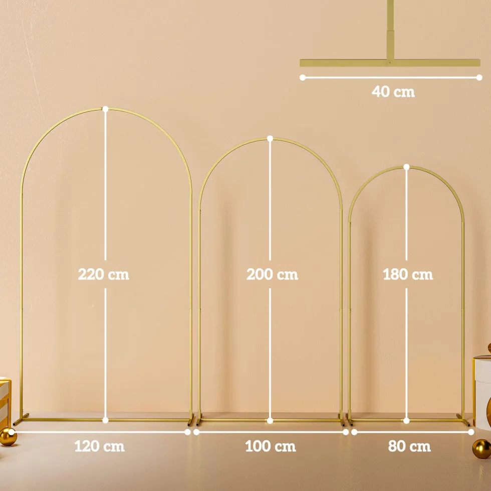 Set med 3 rosenträdgårdsbågar i metall, 220/200/180 cm, pulverlackerade, för uteplats, guld