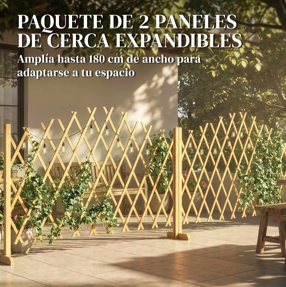 Set med 2 utdragbara träpaneler för utomhusbruk, för terrassdekoration, 180x30x103 cm, naturfärgad