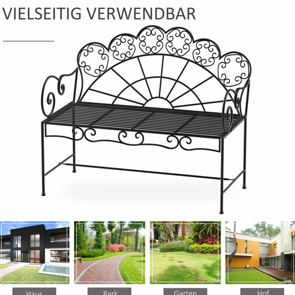2-sits trädgårdsbänk, robust, rostfri, 107x55,5x92cm, svart, parkbänk för terrass och trädgård