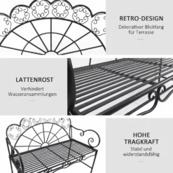 2-sits trädgårdsbänk, robust, rostfri, 107x55,5x92cm, svart, parkbänk för terrass och trädgård