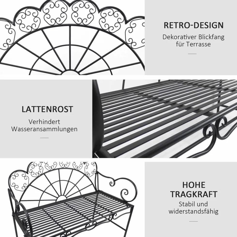 2-sits trädgårdsbänk, robust, rostfri, 107x55,5x92cm, svart, parkbänk för terrass och trädgård