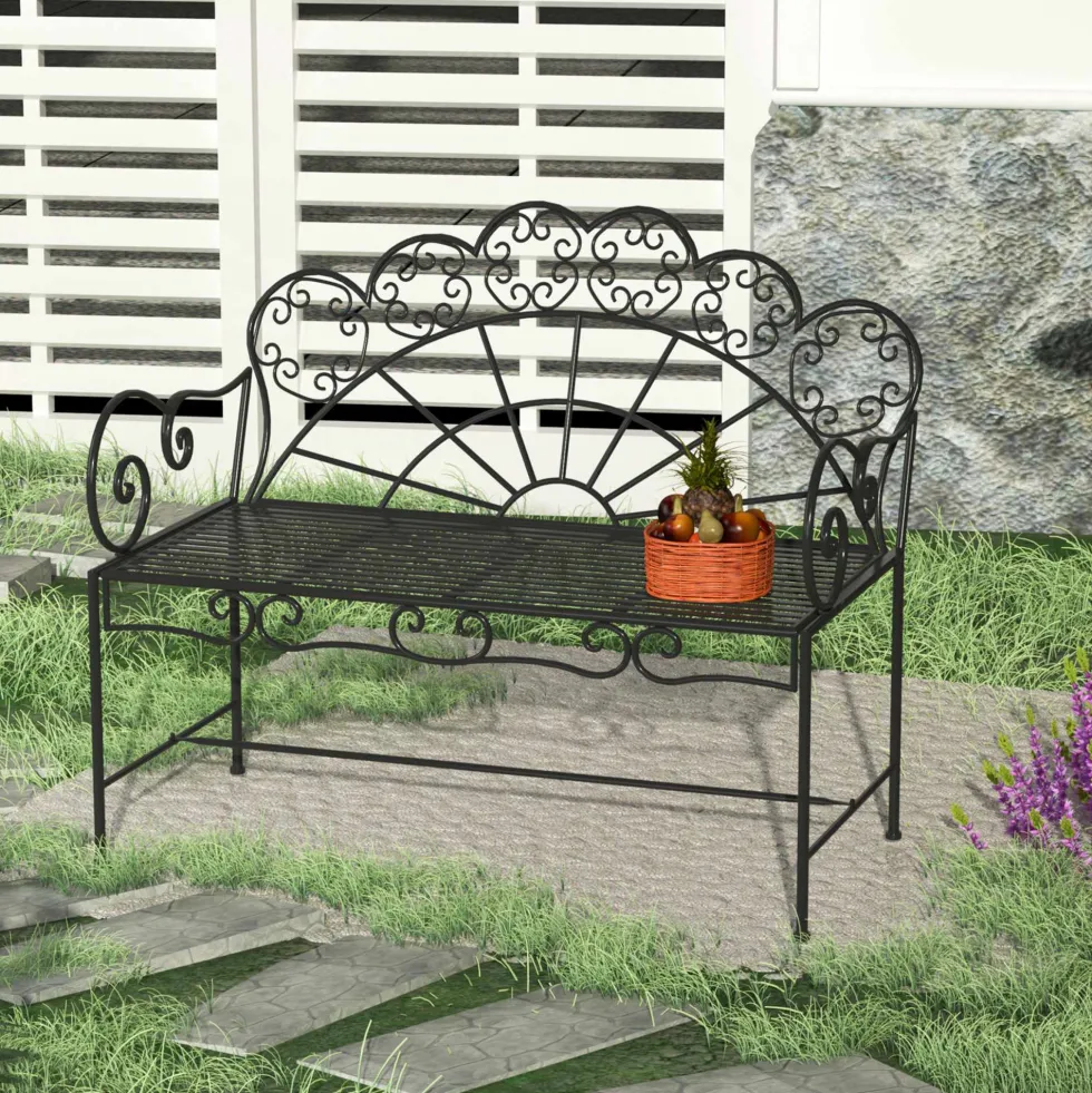 2-sits trädgårdsbänk, robust, rostfri, 107x55,5x92cm, svart, parkbänk för terrass och trädgård