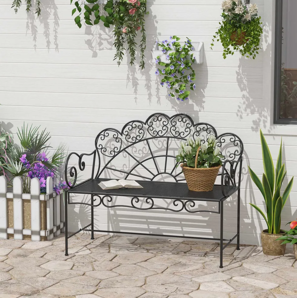 2-sits trädgårdsbänk, robust, rostfri, 107x55,5x92cm, svart, parkbänk för terrass och trädgård