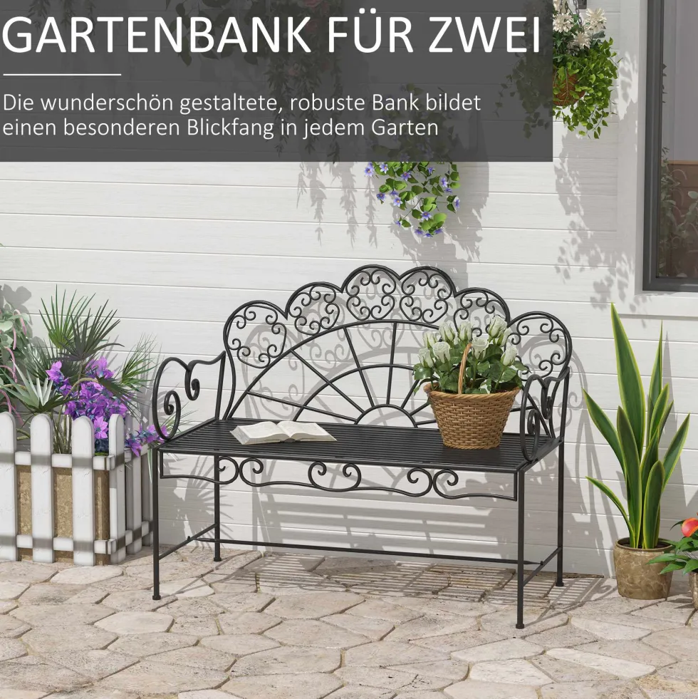 2-sits trädgårdsbänk, robust, rostfri, 107x55,5x92cm, svart, parkbänk för terrass och trädgård