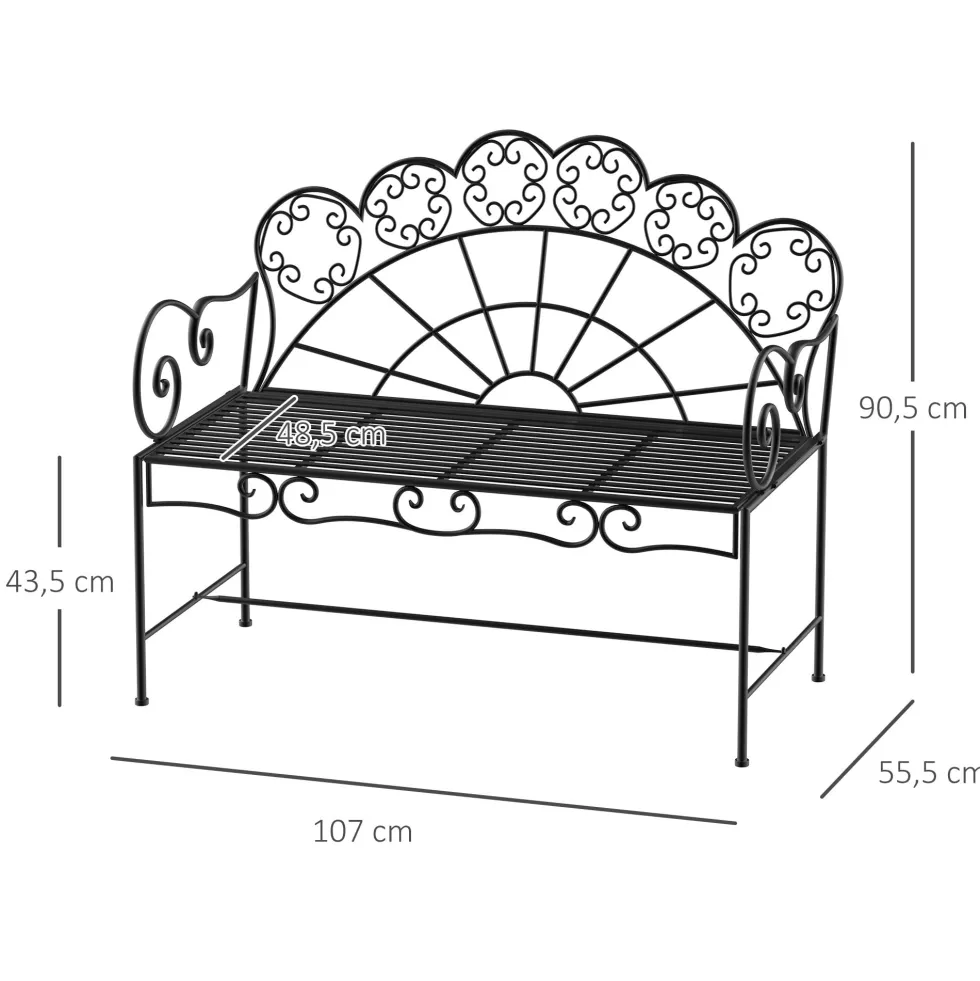 2-sits trädgårdsbänk, robust, rostfri, 107x55,5x92cm, svart, parkbänk för terrass och trädgård