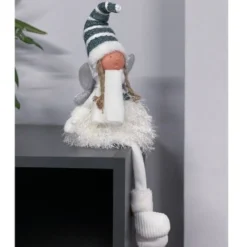 Sittande julälva dekoration 32 cm vit/mörkgrön med glittriga vingar
