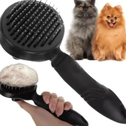 Självrengörande pälsborste med knapp för hund, katt och kanin svart