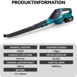 Sladdlös lövblåsare 21V borstlös med 2 batterier - 180 m/s luftström - 5 hastighetslägen - Laddare ingår