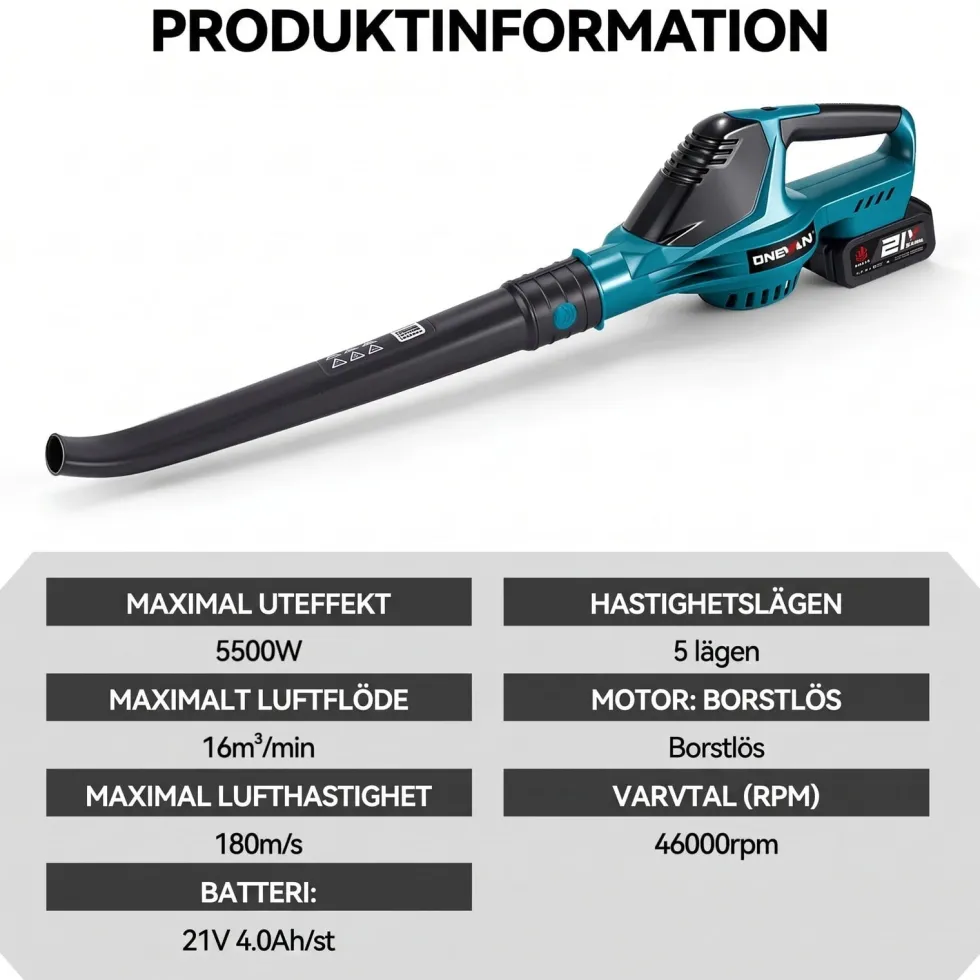 Sladdlös lövblåsare 21V borstlös med 2 batterier - 180 m/s luftström - 5 hastighetslägen - Laddare ingår