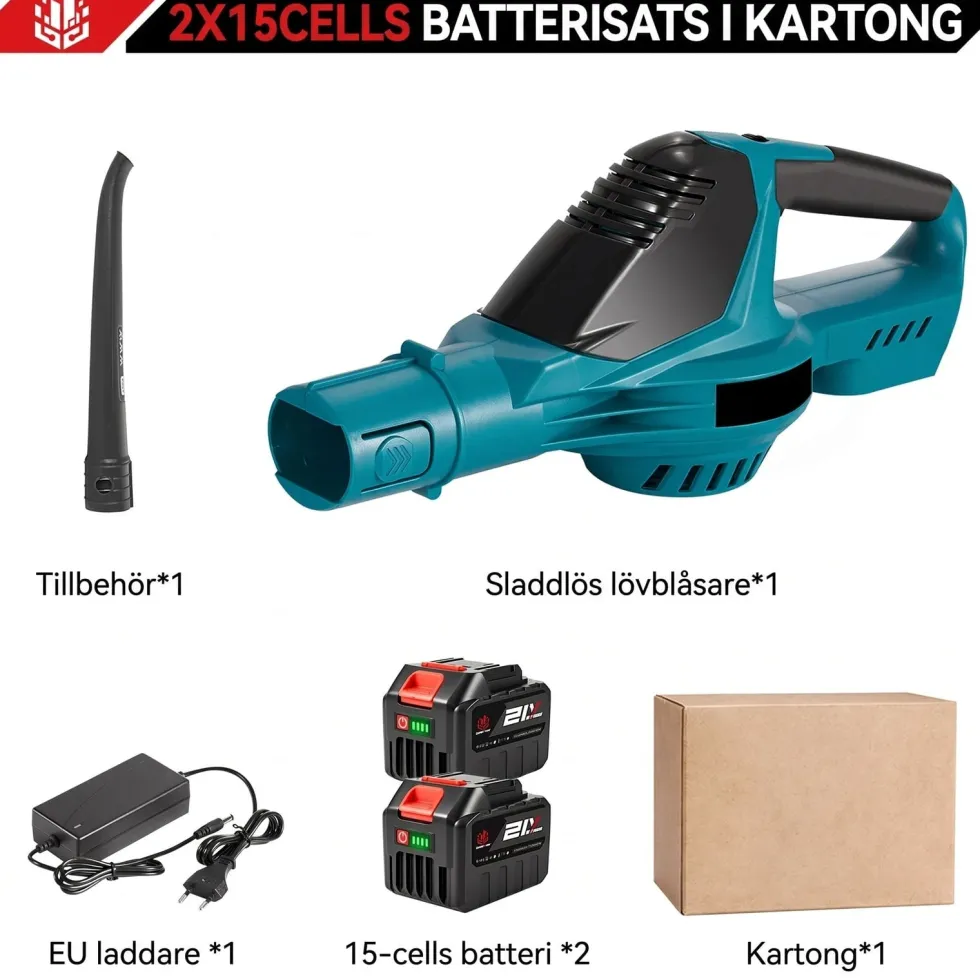 Sladdlös lövblåsare 21V borstlös med 2 batterier - 180 m/s luftström - 5 hastighetslägen - Laddare ingår